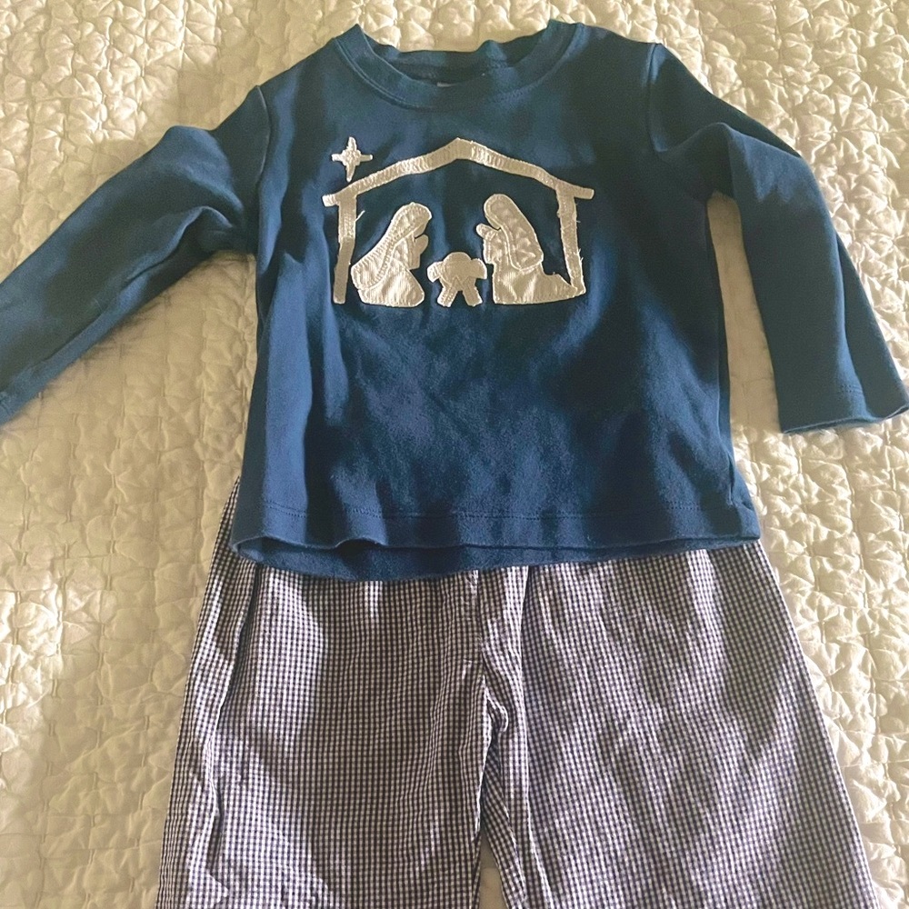 Blue Nativity Long Sleeve Shirt and Checkered Pants Set